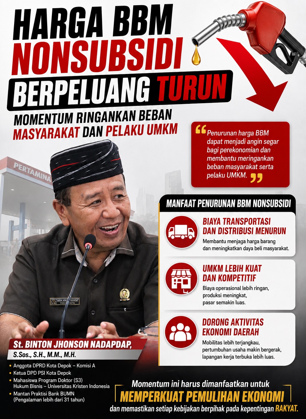 Harga BBM Nonsubsidi Berpeluang Turun, Binton Nadapdap: Momentum Ringankan Beban Masyarakat dan Pelaku UMKM