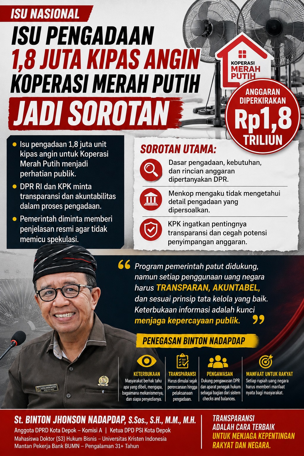 Isu Pengadaan 1,8 Juta Kipas Angin Koperasi Merah Putih Jadi Sorotan, Binton Nadapdap: Transparansi Anggaran Harus Jadi Prioritas