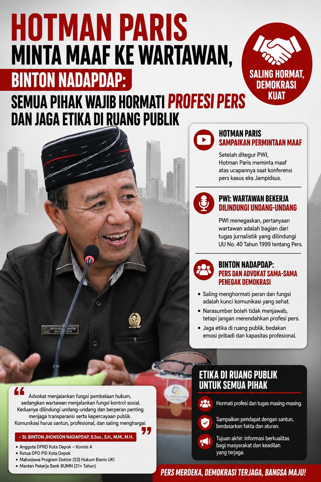 Hotman Paris Minta Maaf ke Wartawan, Binton Nadapdap: Semua Pihak Wajib Hormati Profesi Pers dan Jaga Etika di Ruang Publik